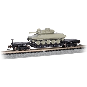 Bachmann USA - 71386 52' Center Depressed Flat Car - Black With Green Sheridan Tank - N Scale