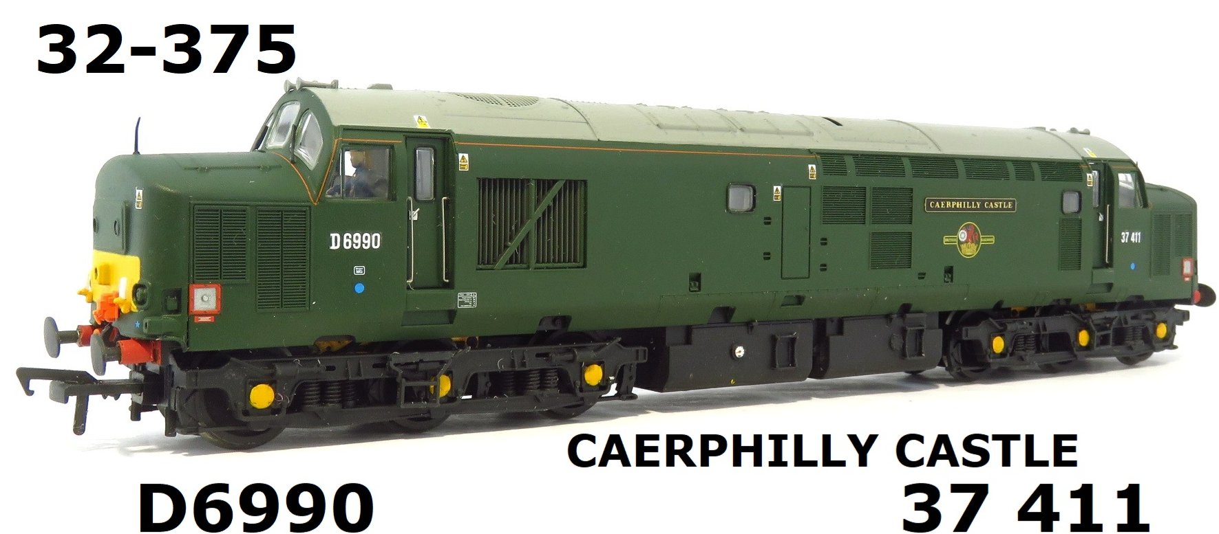 Bachmann 32-375KP Class 37 D6990 / 37411 "Caerphilly Castle" In BR Green with Small Yellow Panels OO Gauge PREOWNED DCC READY