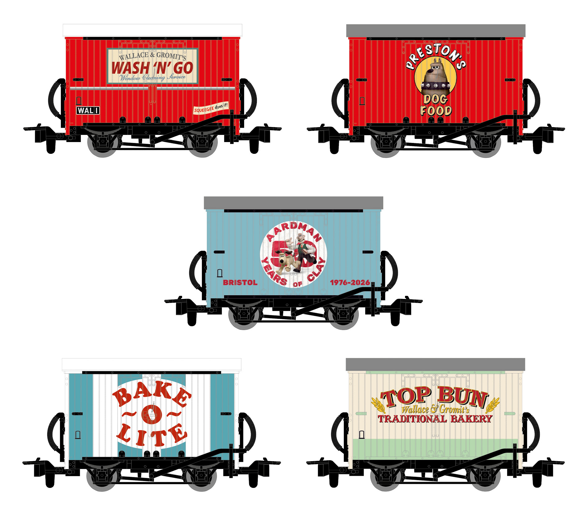 Peco GRAA050 OO-9 Box Van Wallace and Gromit Aardman 50th Anniversary Wagon Collectors 5 Wagon Set OO9 Gauge