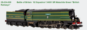 Dapol 2S-034-008 Battle of Britain  ‘92 Squadron’ 34081 SR Malachite Green "British Railways" DCC READY N Gauge